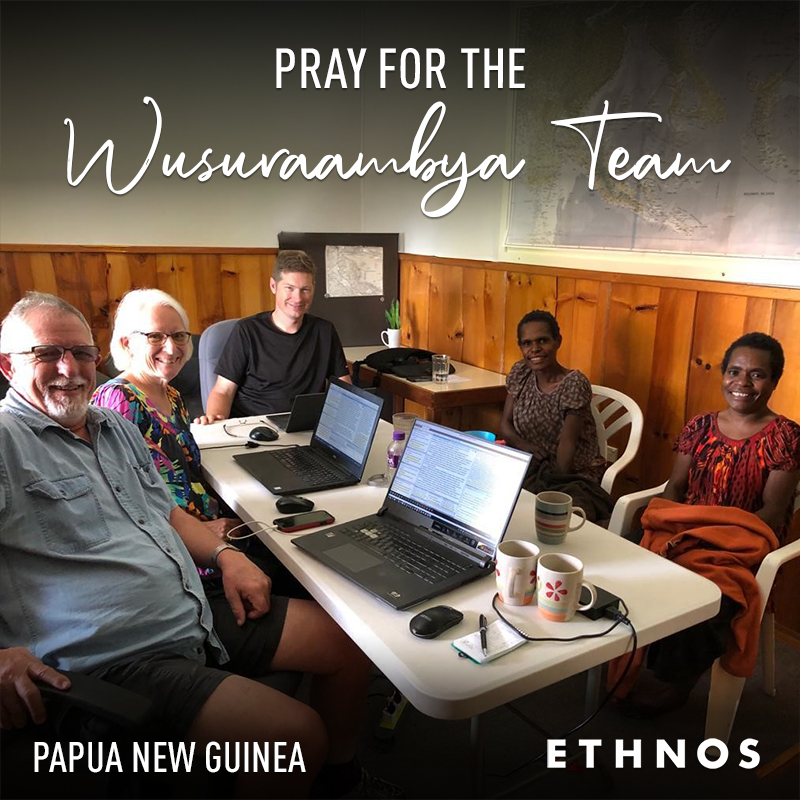 Andrew and Cathy Goud (on left) working on Bible translation for the Wusuraambya people of Papua New Guinea