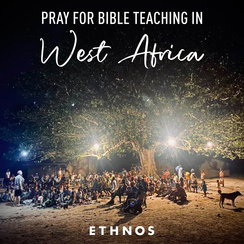 a community gathers to hear Bible teaching in West Africa