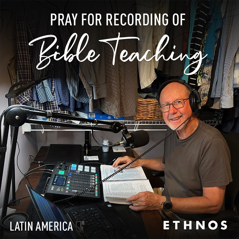 Merrill Dyck recording some Bible teaching for the P2 people of Latin America